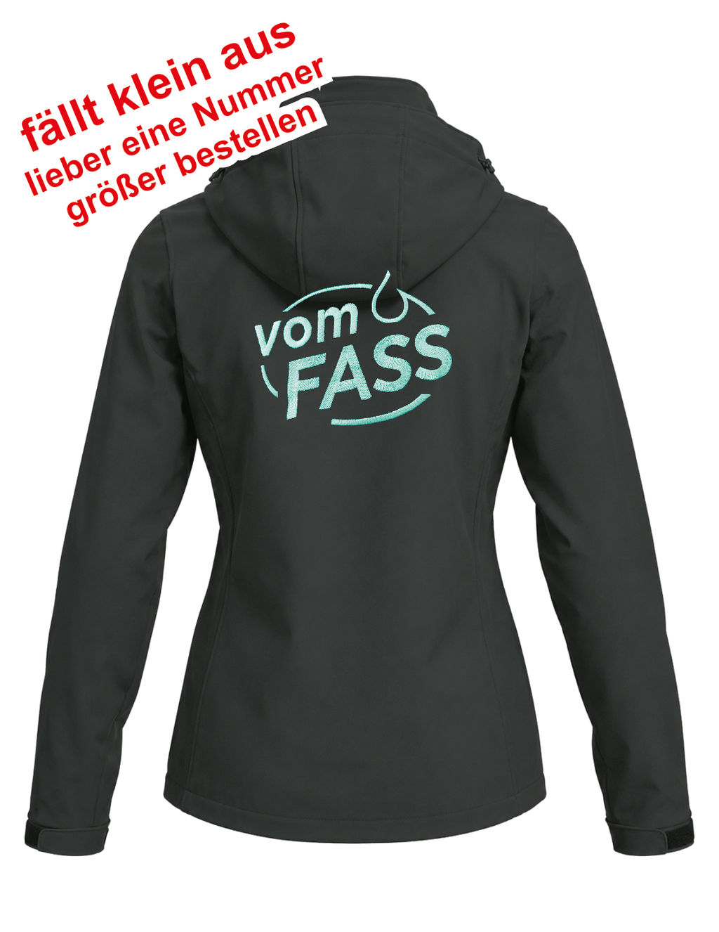 Damen Softshelljacke mit abnehmbarer Kapuze, Bestickung türkis linke Brust UND Rücken