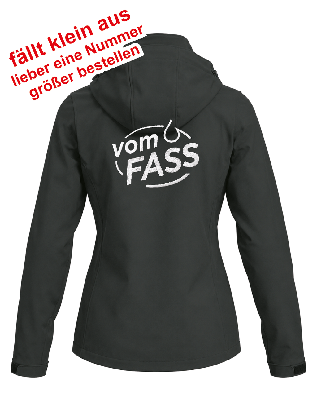 Damen Softshelljacke mit abnehmbarer Kapuze, Bestickung weiß linke Brust UND Rücken