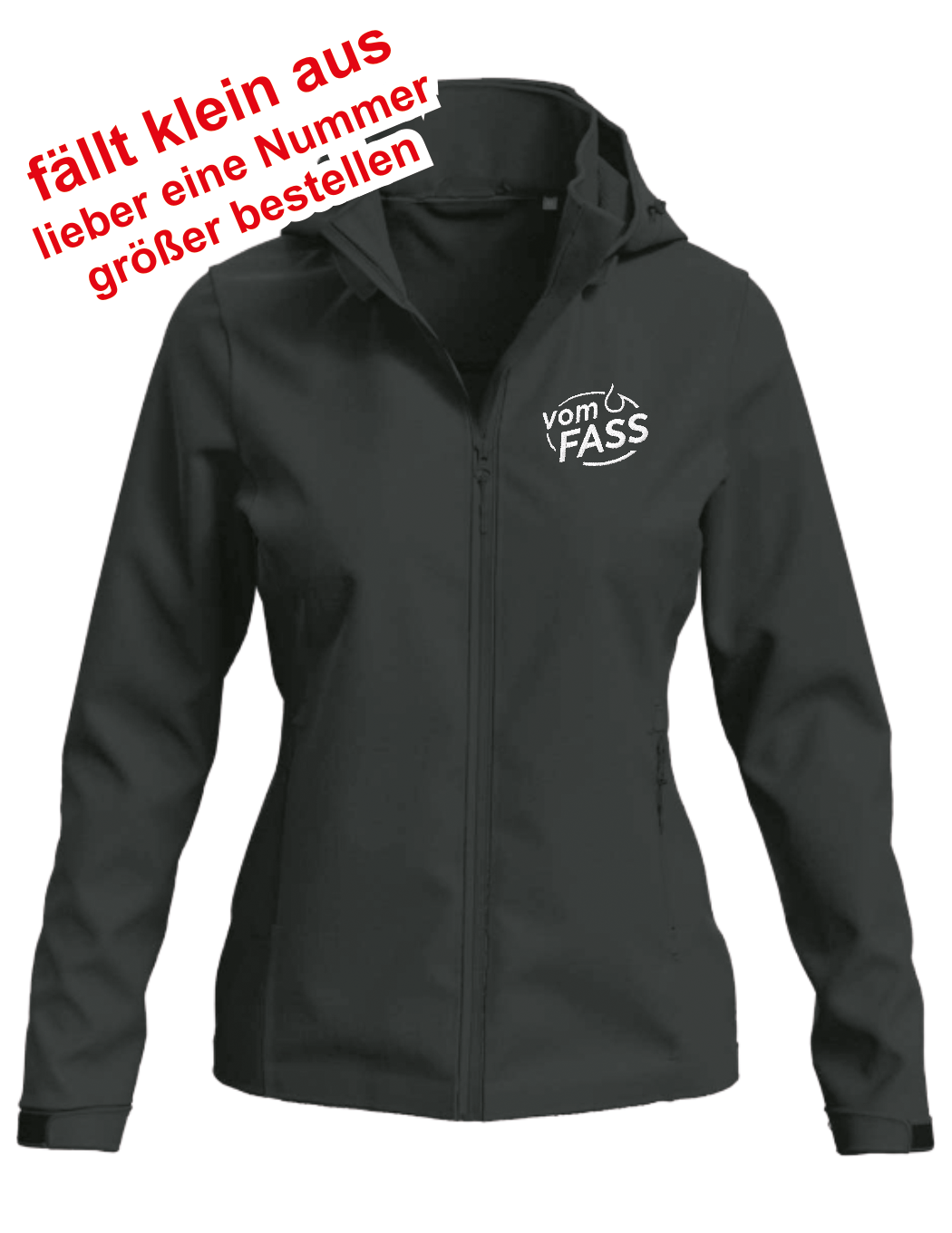 Damen Softshelljacke mit abnehmbarer Kapuze, Bestickung weiß linke Brust UND Rücken