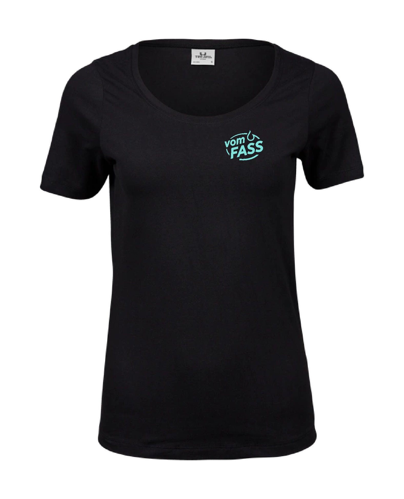 Damen T-Shirt mit Elasthan, Aufdruck türkis linke Brust UND Rücken